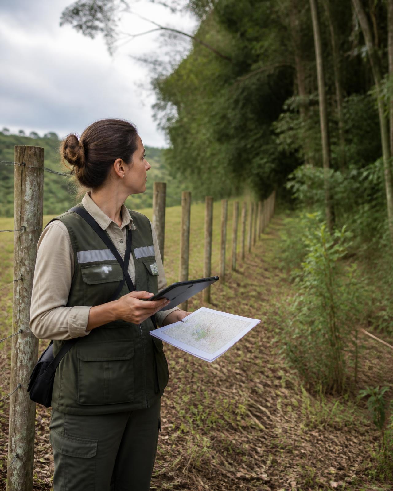 Profissional de gestão ambiental em vistoria de campo com tablet e mapa técnico, junto a fragmento de mata nativa