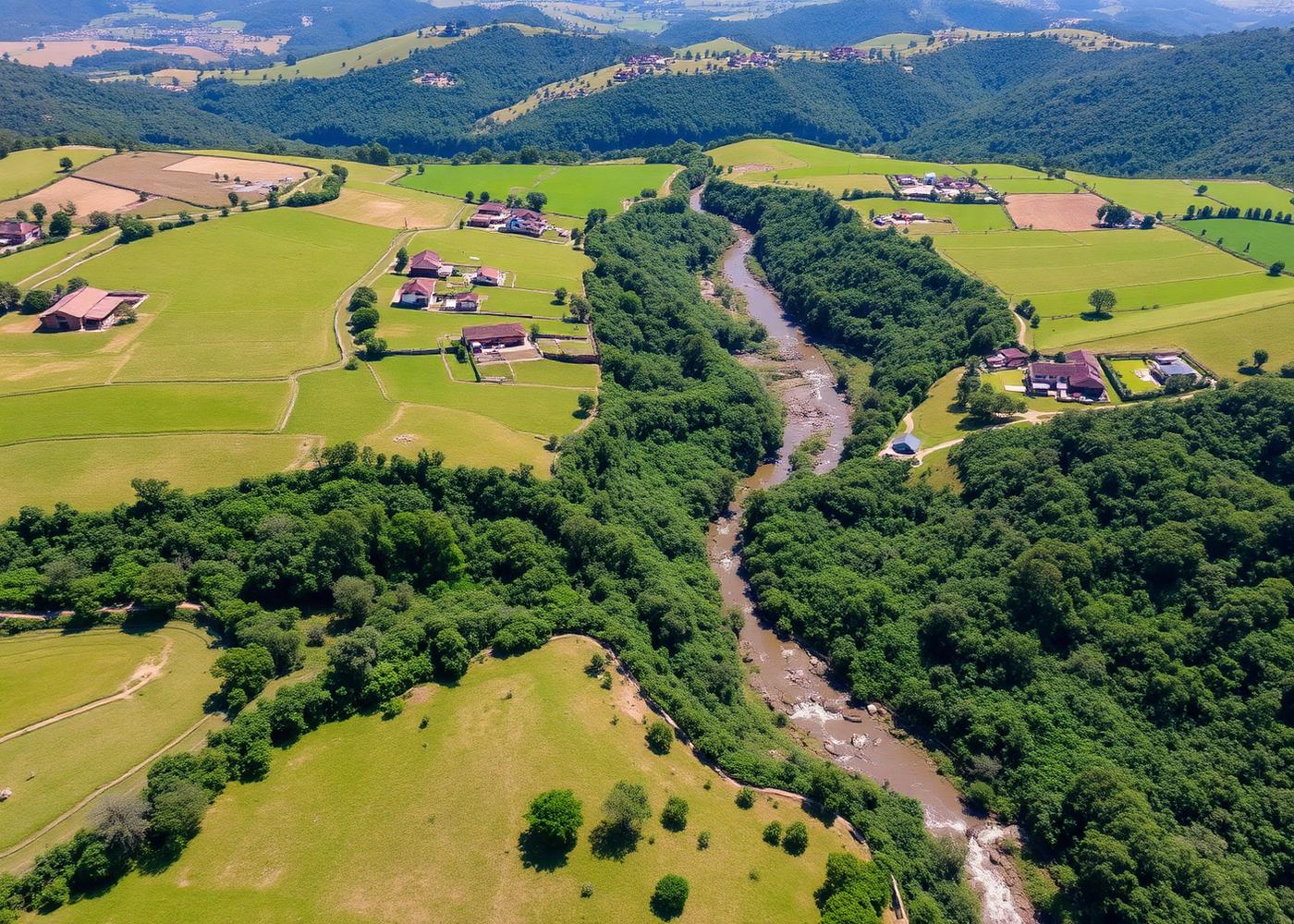 Vista aérea de propriedade rural em Minas Gerais com pastagem, mata nativa ao longo do córrego e benfeitorias