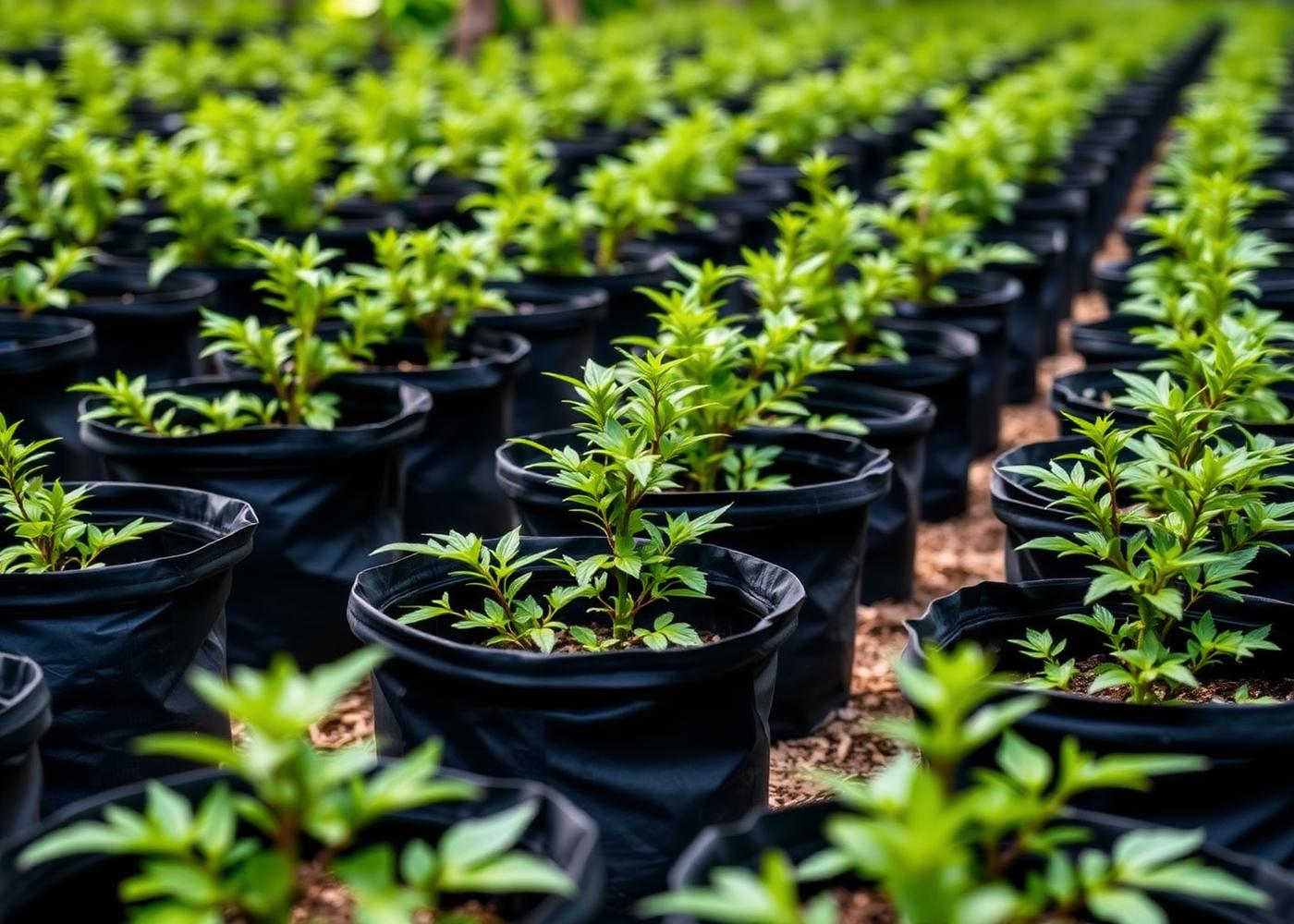 Mudas nativas em sacos de viveiro dispostas em fileiras, com folhas verdes ao amanhecer em viveiro florestal