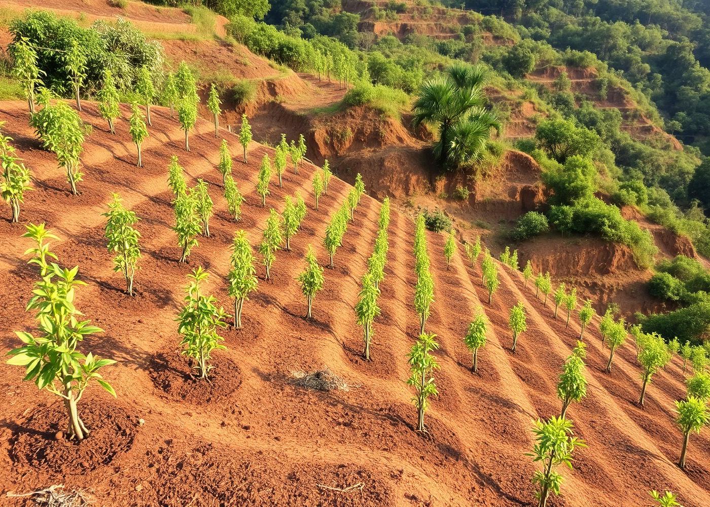 Encosta em processo de recuperação ambiental com mudas nativas plantadas em curvas de nível e vegetação em regeneração ao redor